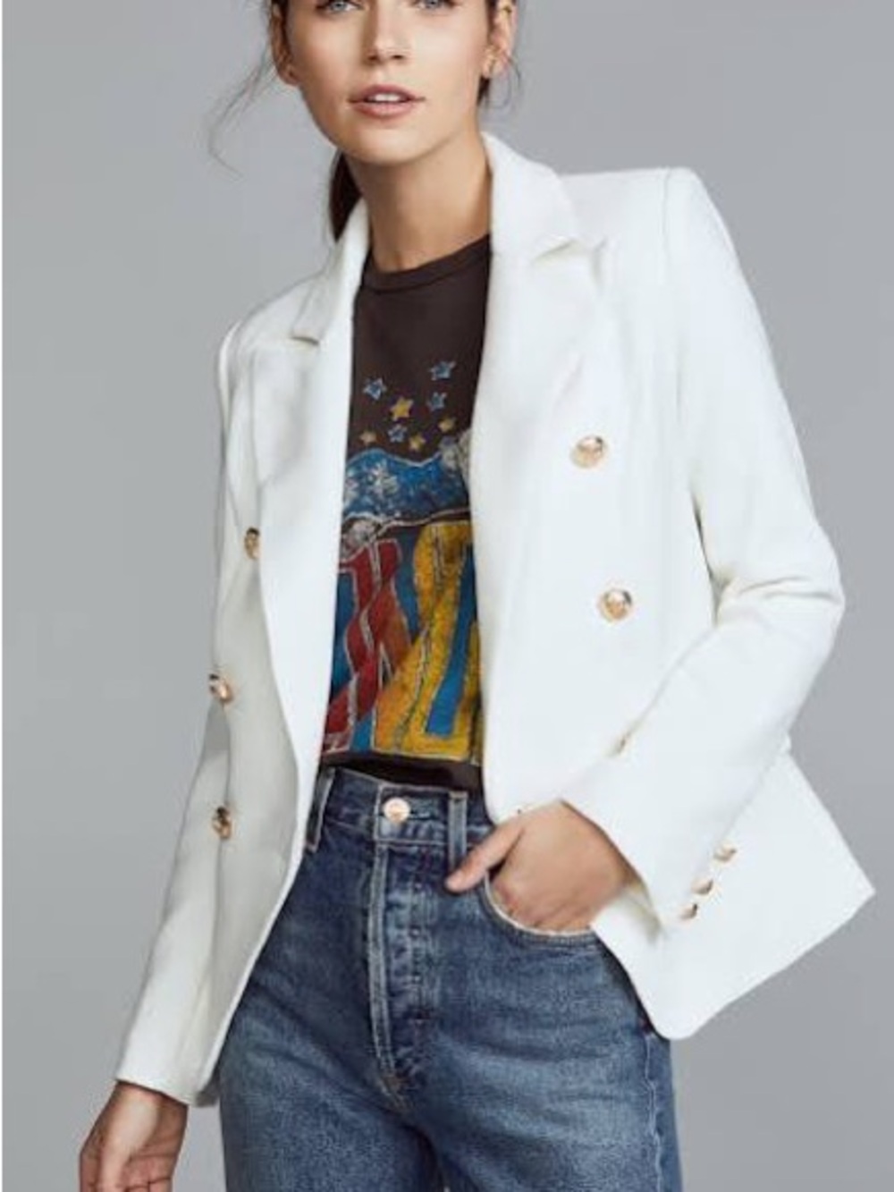 Lioness White Double-Breasted Blazer with Gold Buttons